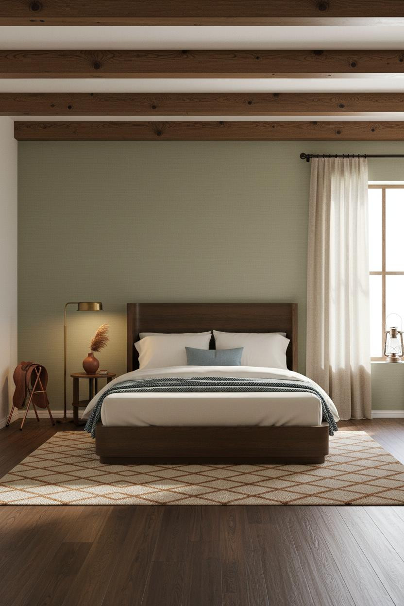Western Chic Bedroom Timber Ceiling Sage Walls