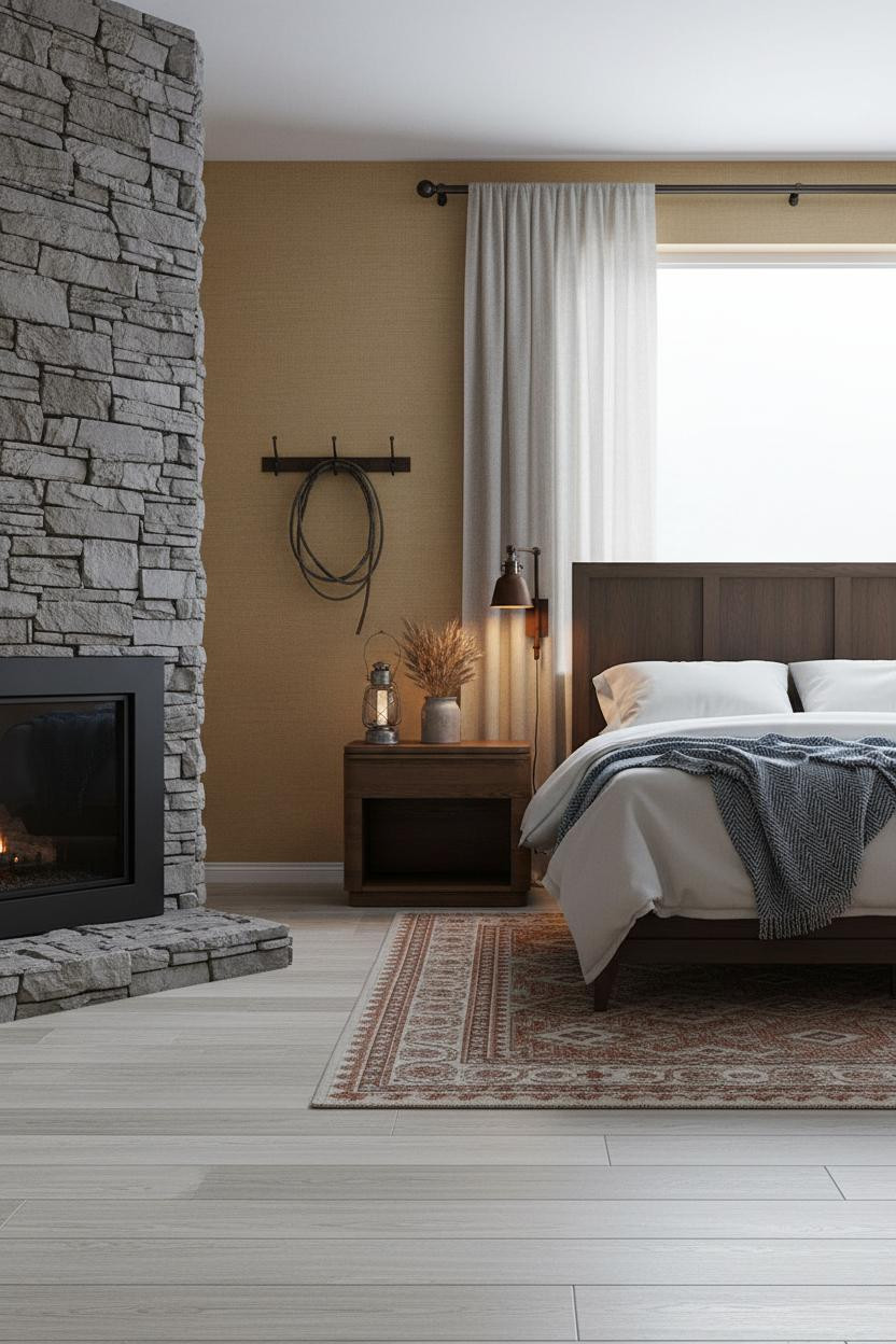 Western Chic Bedroom Limestone Fireplace