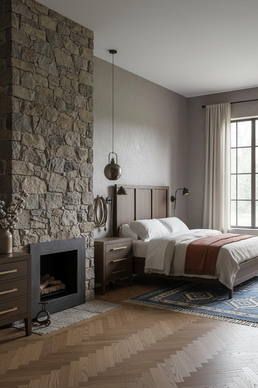 Western Bedroom Stone Fireplace Wrought Iron