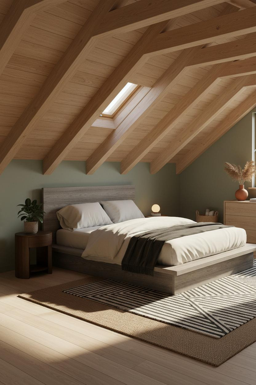Modern Earthy Bedroom Japandi Attic Wood Beams