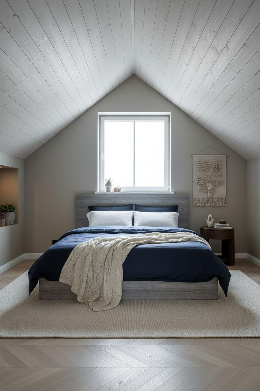 Modern Earthy Attic Bedroom Whitewashed Ceiling