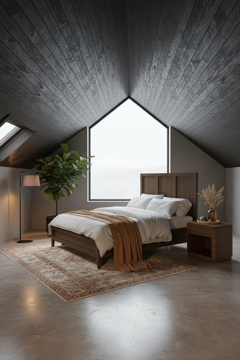 Modern Earthy Attic Bedroom Charred Wood