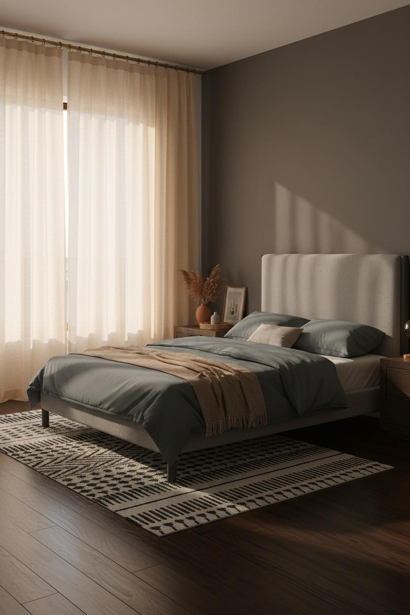 Dark Gray Bed Frame Japandi Bedroom