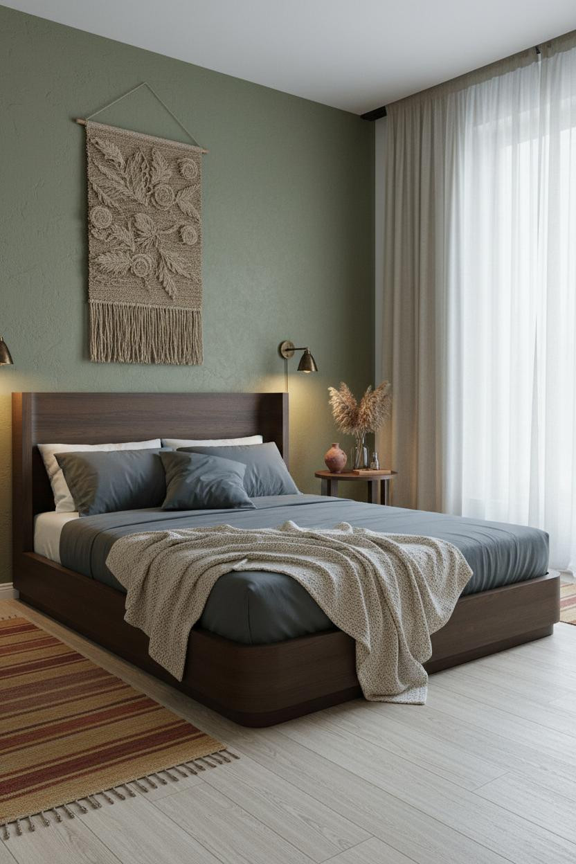 Boho Studio Apartment Sage Green Bedroom