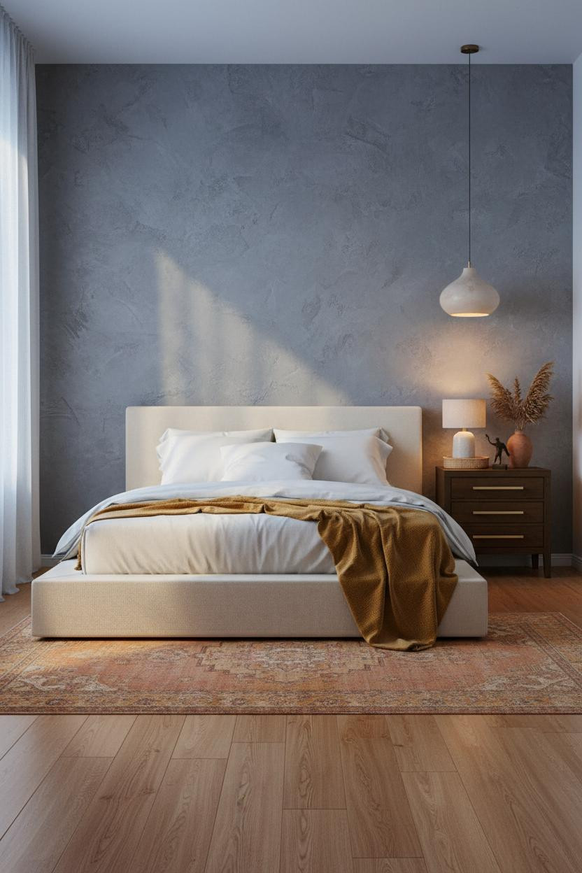 Boho Studio Apartment Textured Plaster Bedroom