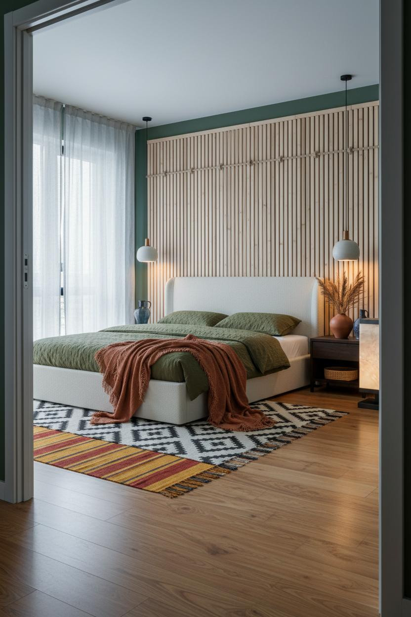 Boho Studio Apartment Rattan Wall Bedroom