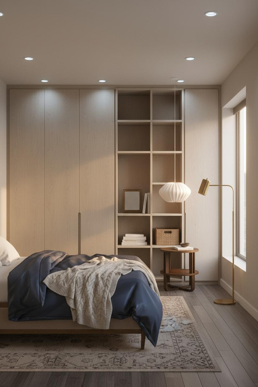Studio Apartment Design Oak Shelving Layout