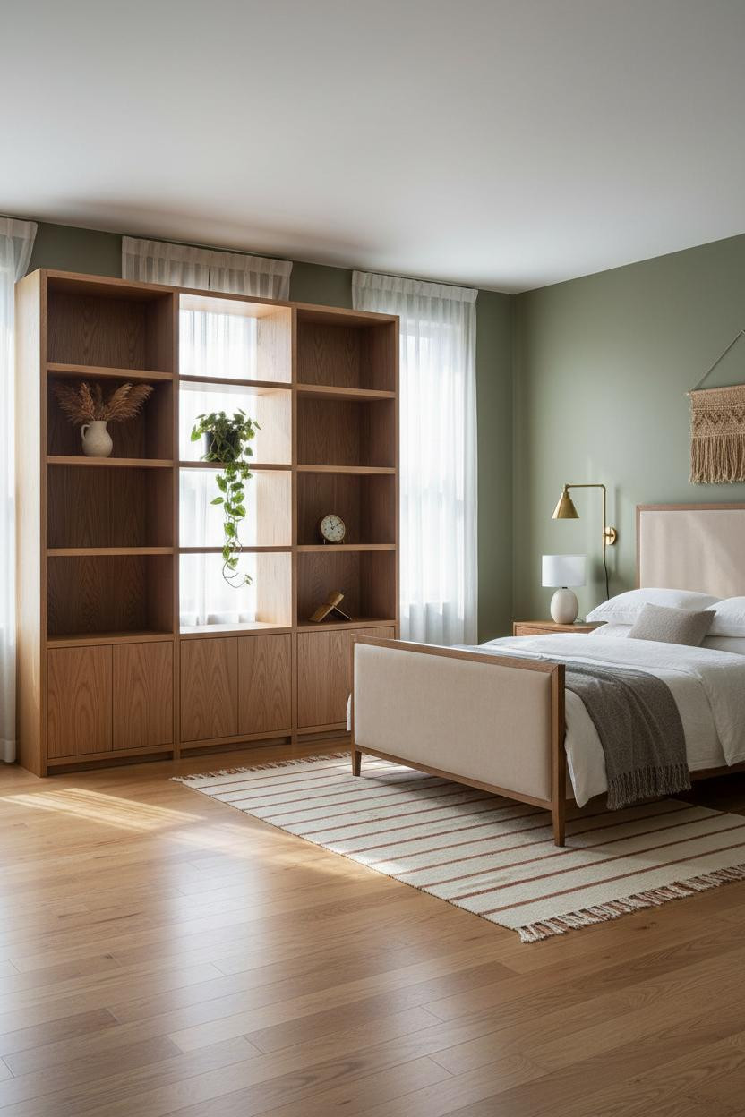 Studio Apartment Design Oak Shelving Layout