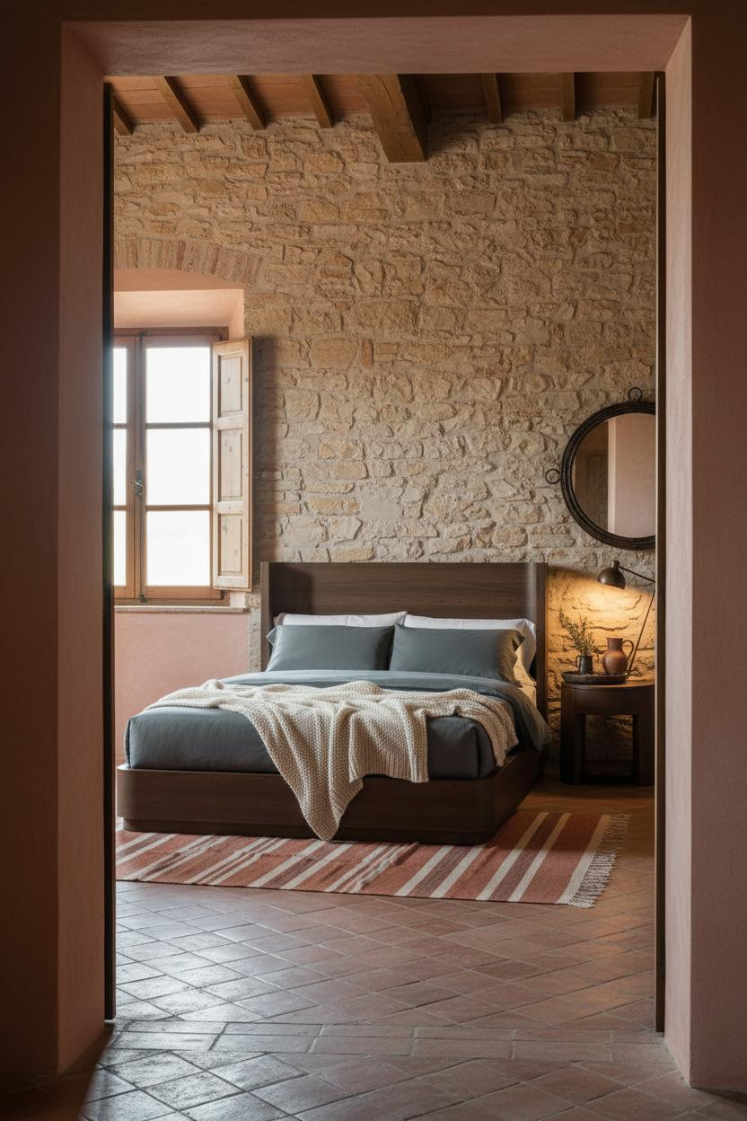 Antique Farmhouse Bedroom Tuscan Stone Accent