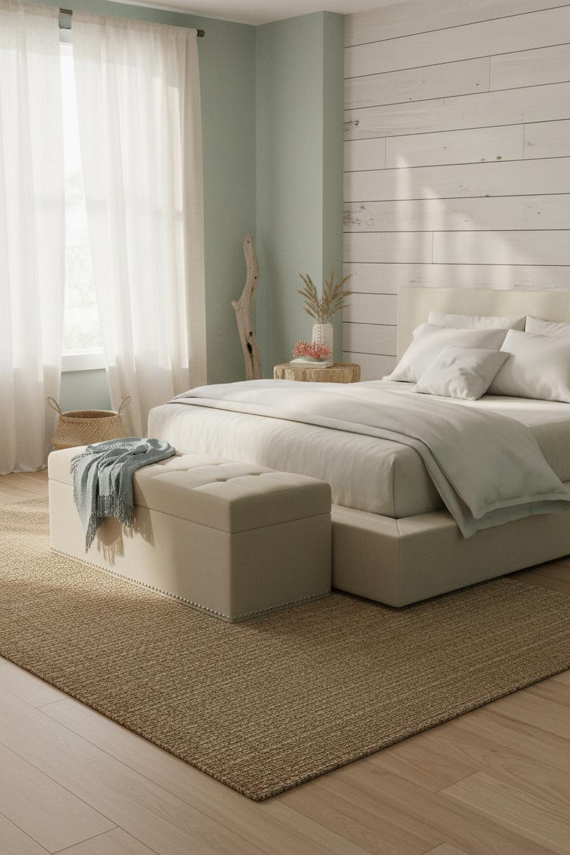 Coastal Bedroom Shiplap Natural Light Seafoam Walls