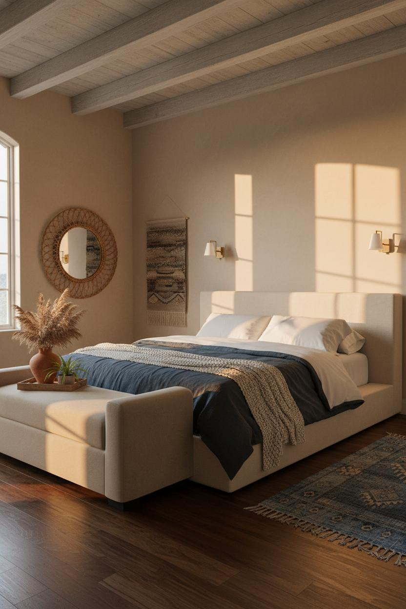 Coastal Bedroom Driftwood Beams Beach Vibe Rattan Mirror