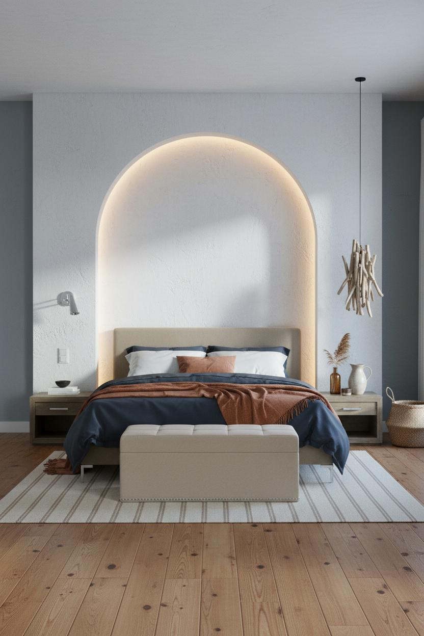 Coastal Bedroom Arched Alcove Beach Vibe Blue Grey Walls