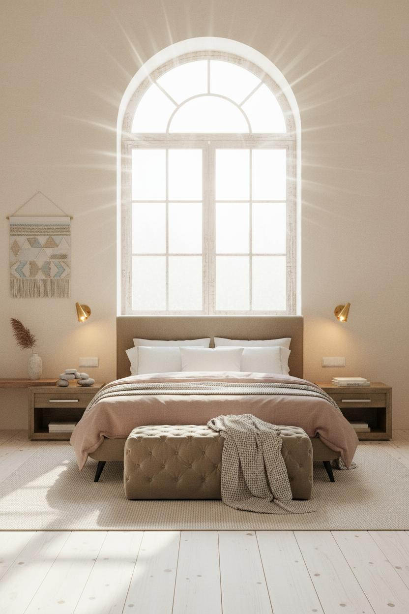 Coastal Bedroom Arched Window Linen Beach Vibe Design