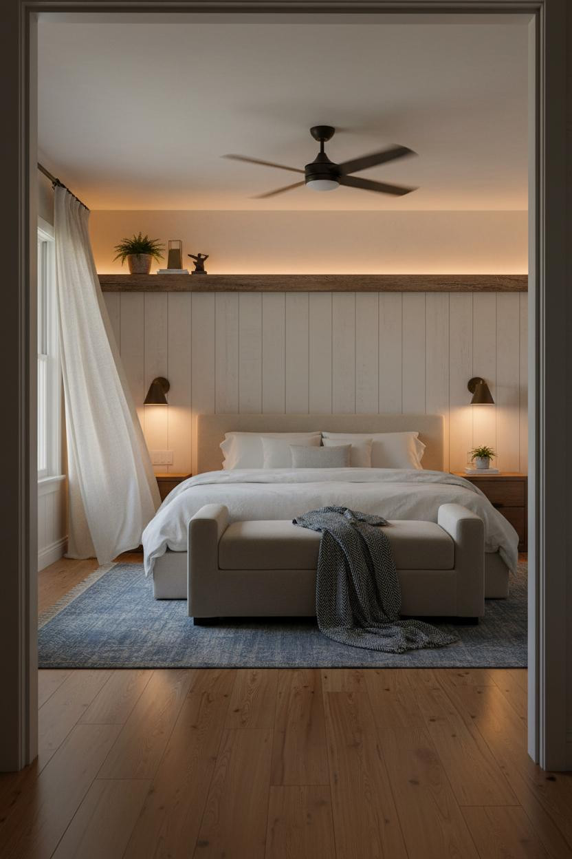 Coastal Bedroom Wainscoting Amber Lighting Beach Vibe