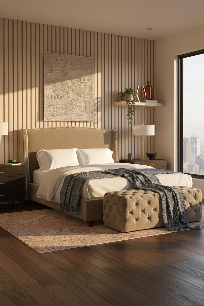 Coastal Bedroom Japandi Beach Vibe with Golden Light and Slats