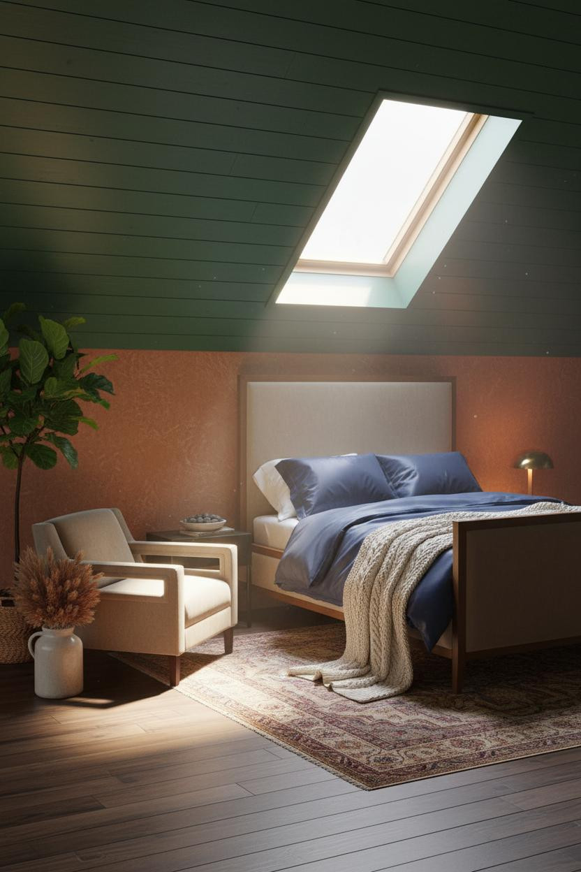 Cozy Green Bedroom Attic Skylight