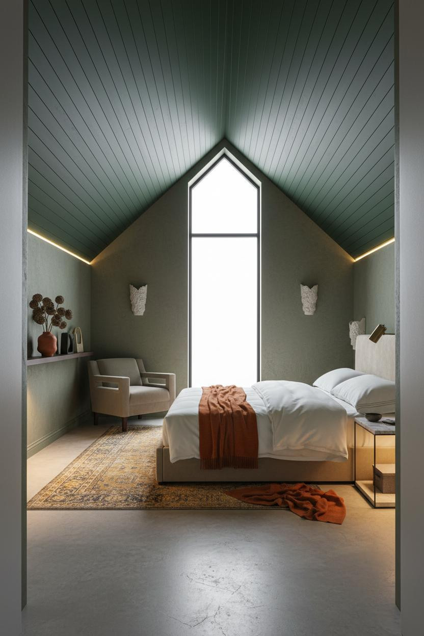 Cozy Green Attic Bedroom Forest Ceiling