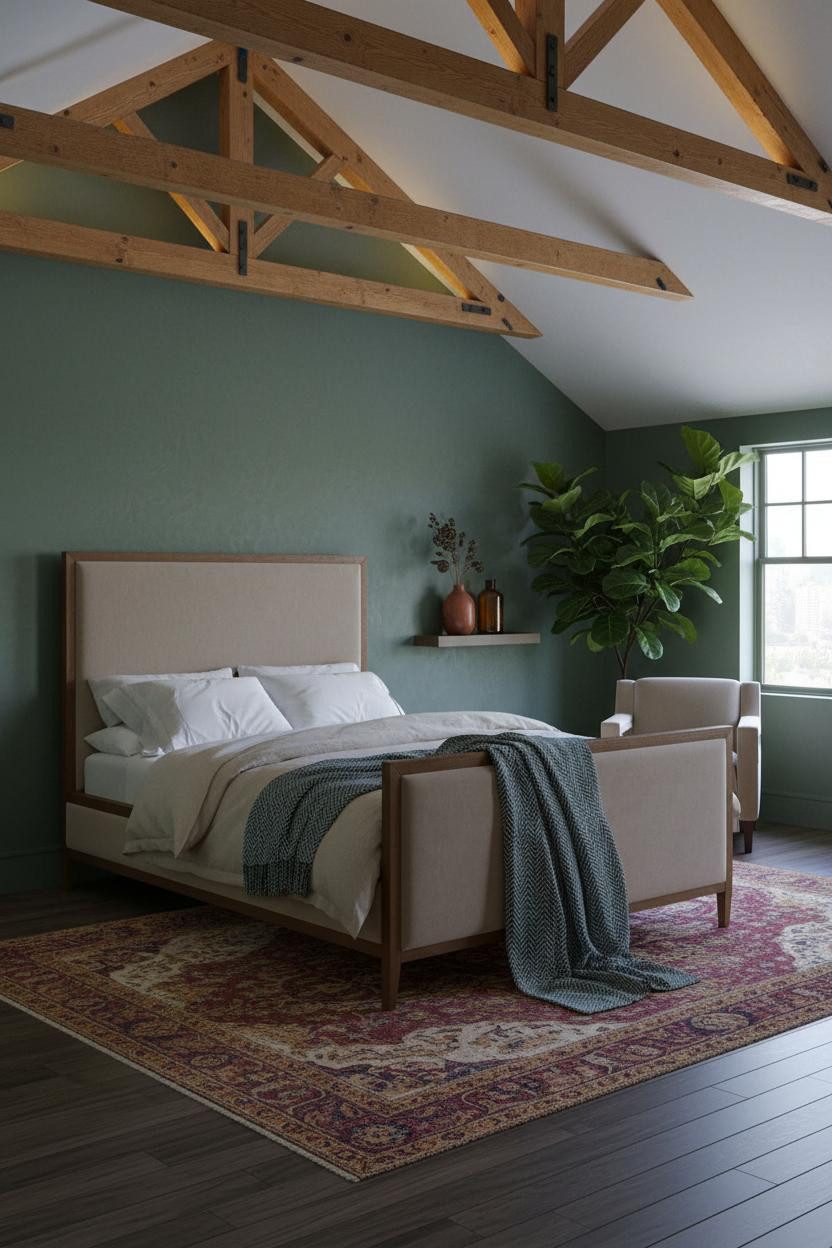 Cozy Green Attic Bedroom Timber Ceiling