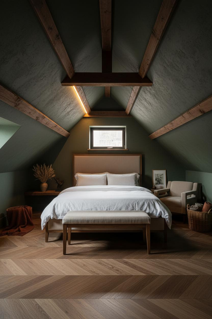 Cozy Green Attic Bedroom Warm Lighting