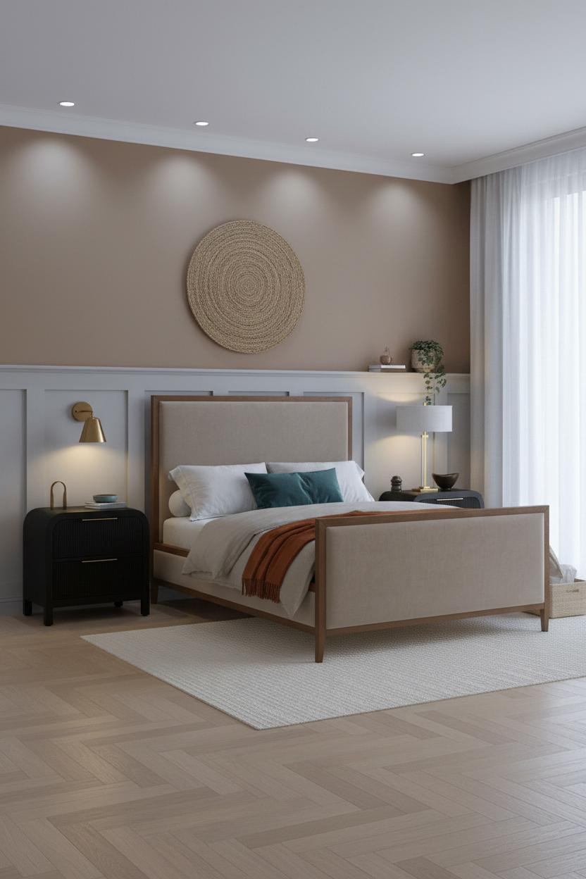 Neutral Bedroom Pop Color Wainscoting Teal