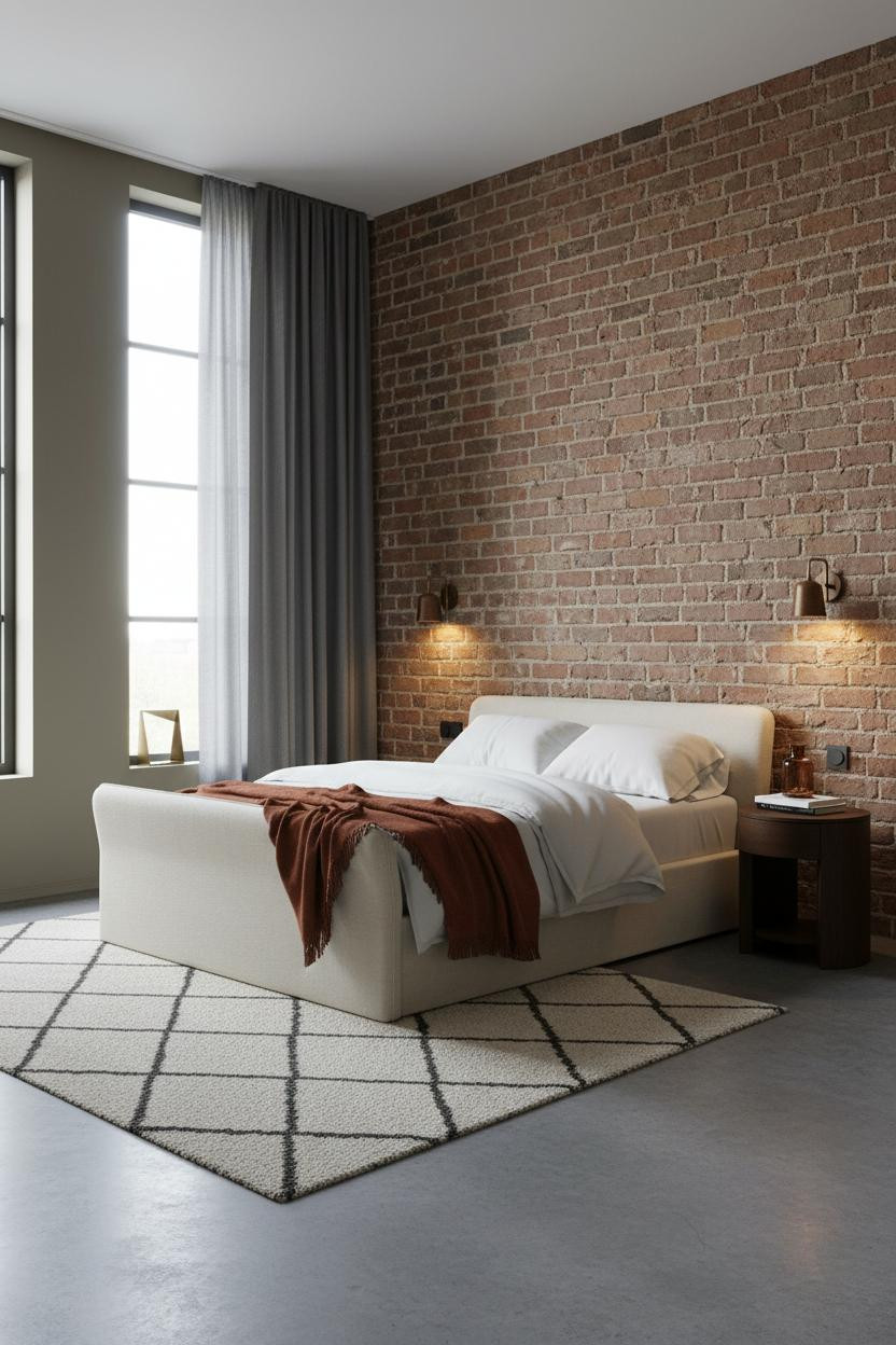 Neutral Bedroom Terracotta Brick Accent