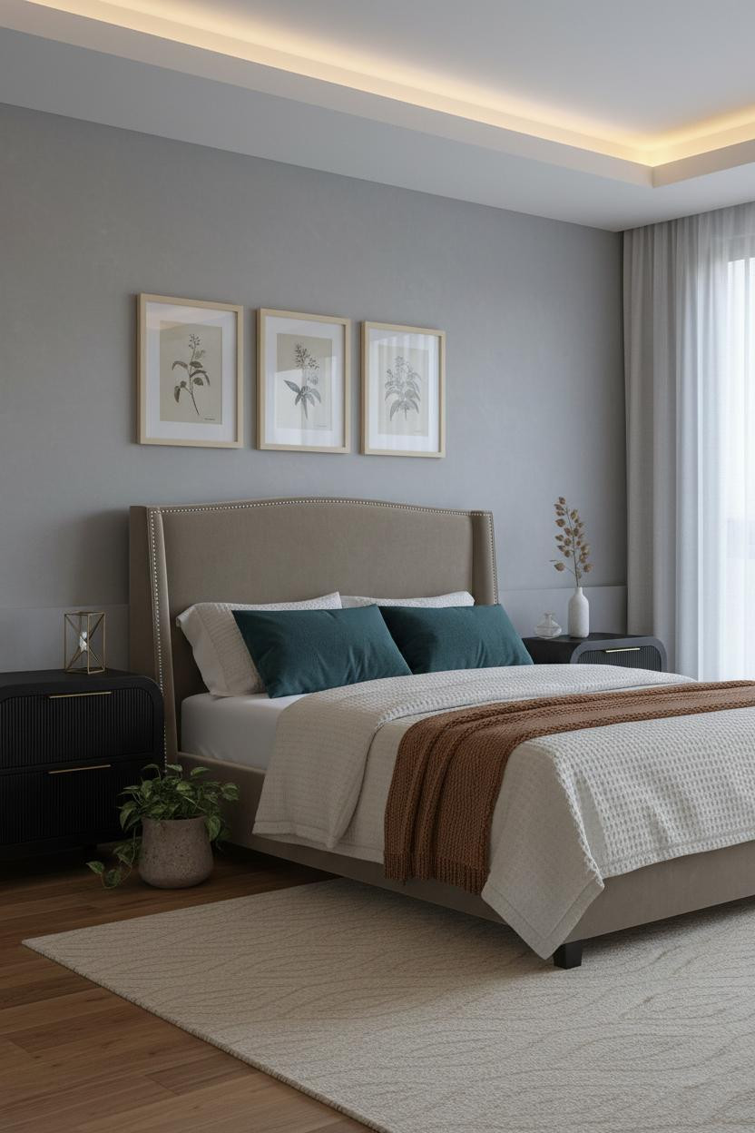Neutral Bedroom Teal Accent Gallery Wall