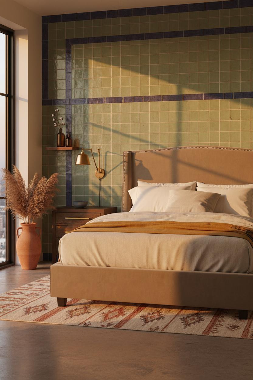 Luxury Boho Bedroom Sage Tile Warm Light
