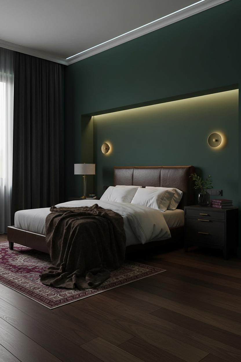 Moody Bedroom Dark Green Brass Lighting
