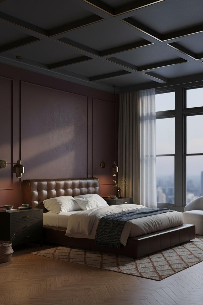 Moody Bedroom Dark Blue Burgundy Brass