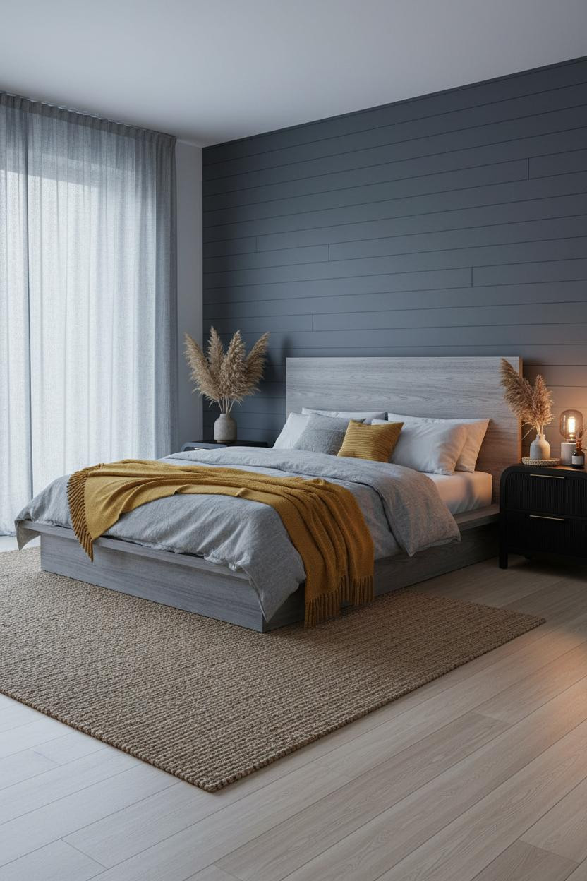 Moody Bedroom Japandi Slate Shiplap Design