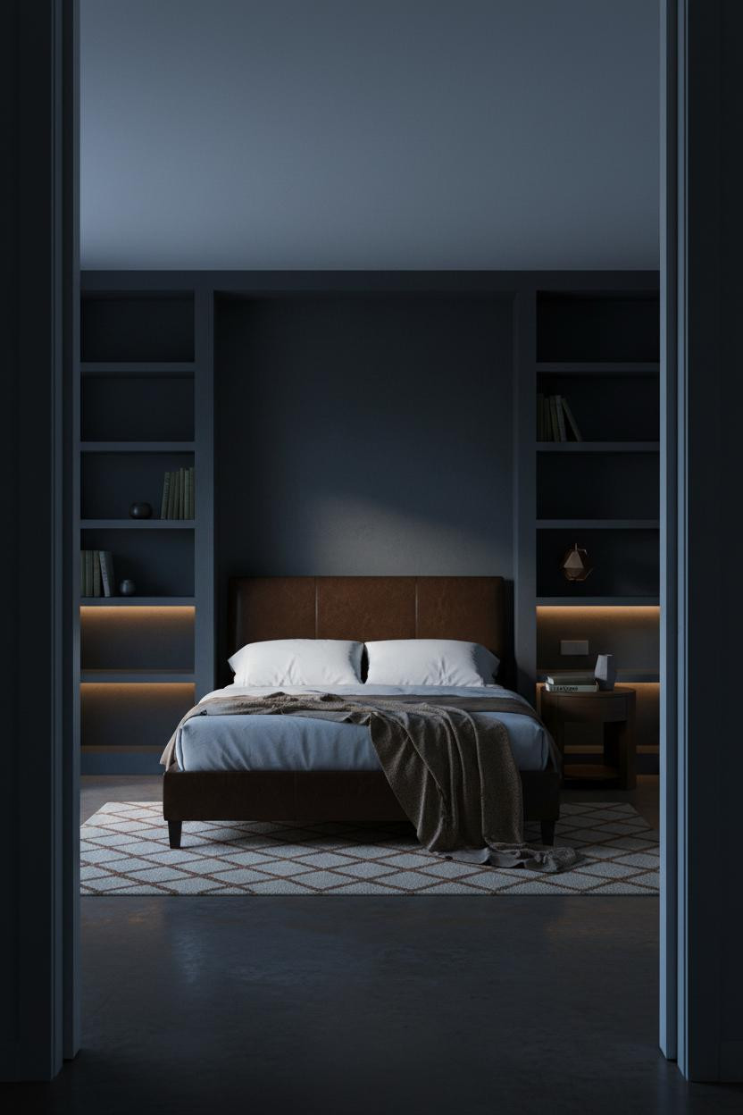Moody Bedroom Dark Blue Brass Lighting