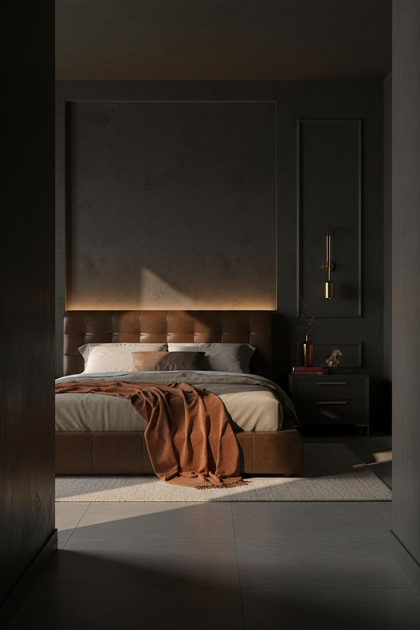 Moody Bedroom Dark Charcoal Amber Lighting