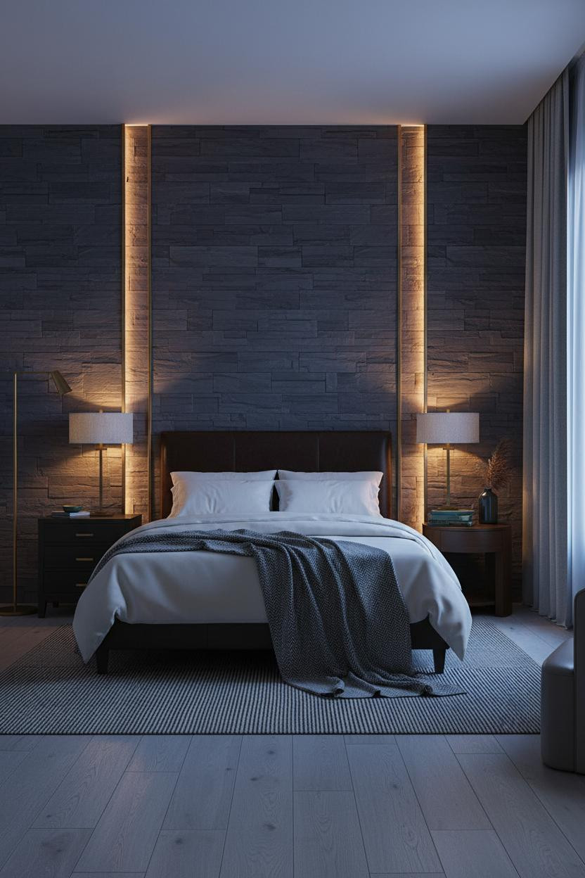 Moody Bedroom Dark Blue Stone Accent Wall