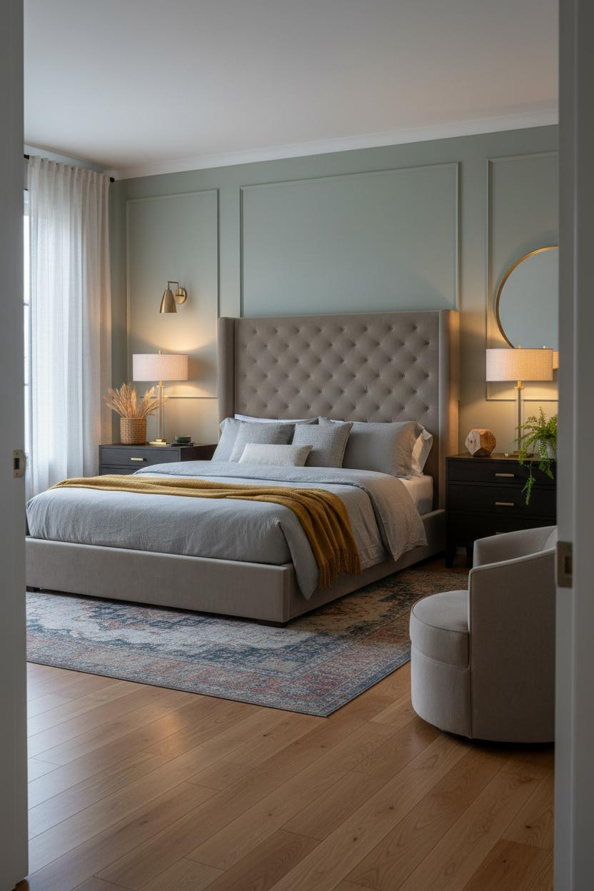 Couple Bedroom Sage Wainscoting Maple Floors