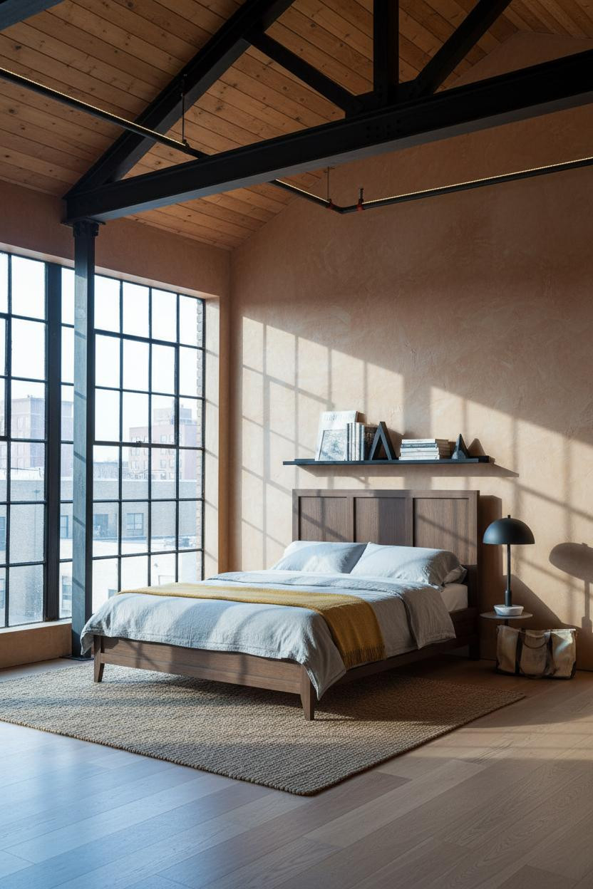 Industrial Loft Bedroom Exposed Beams