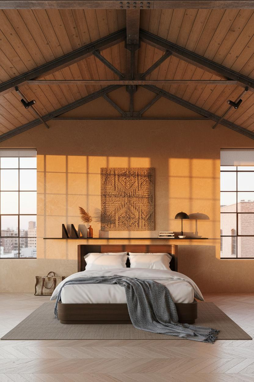 Industrial Loft Bedroom Timber Beams Steel