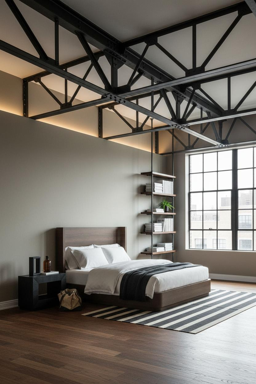 Industrial Loft Bedroom Exposed Steel Truss