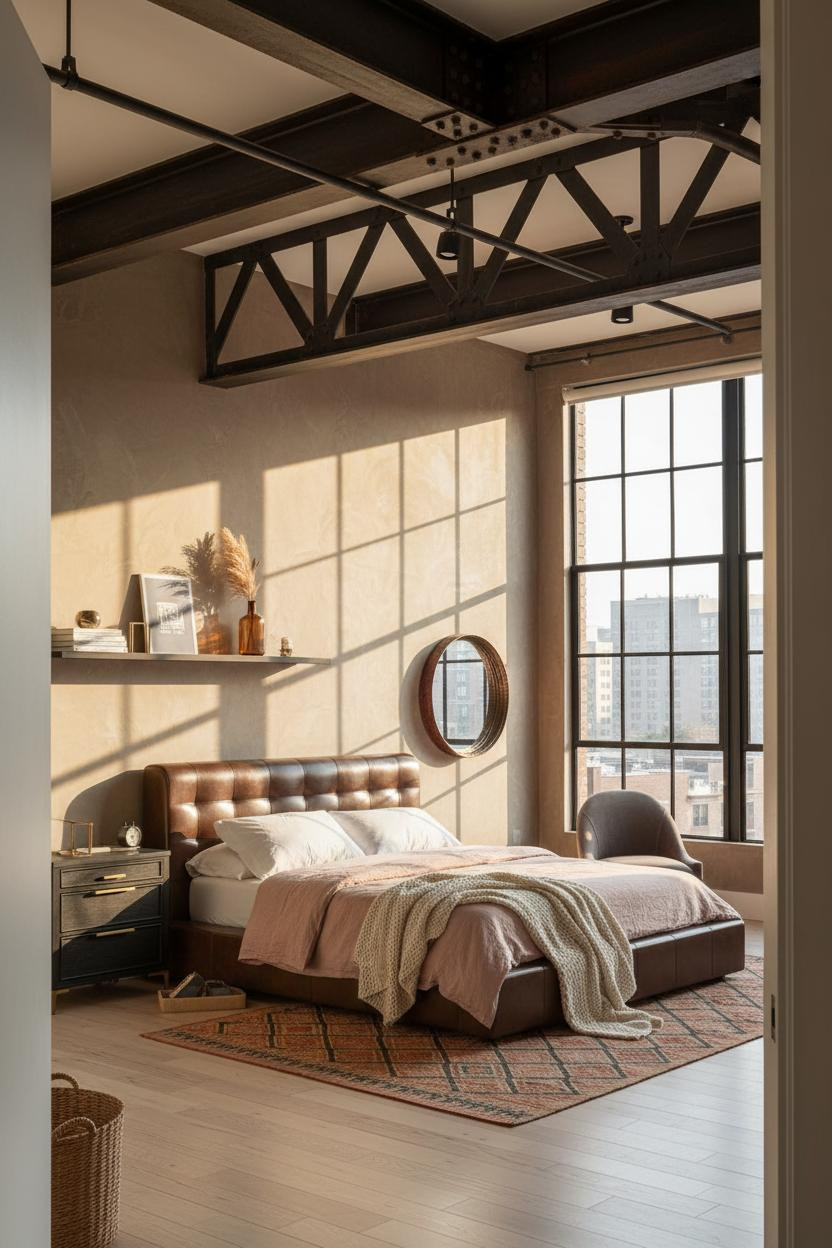 Industrial Loft Bedroom Steel Beams Windows