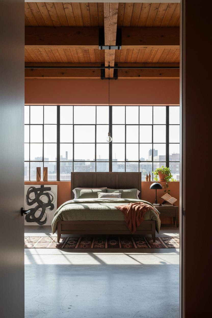 Industrial Loft Bedroom Exposed Timber Windows