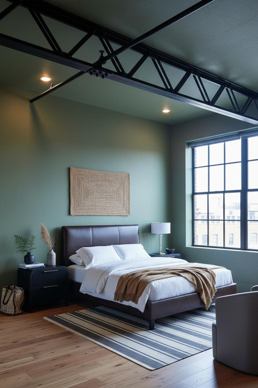 Industrial Loft Bedroom Exposed Steel Truss