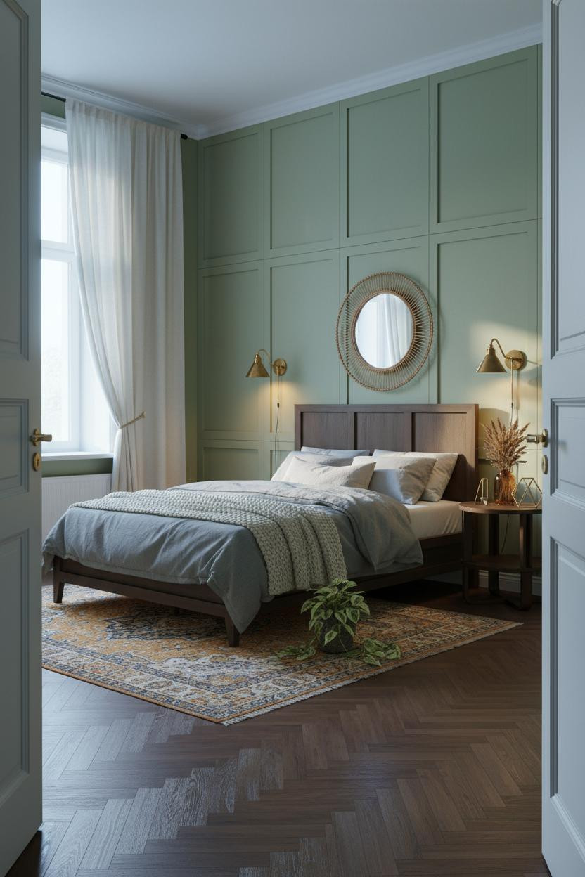 70s Bedroom Sage Wainscoting Rattan