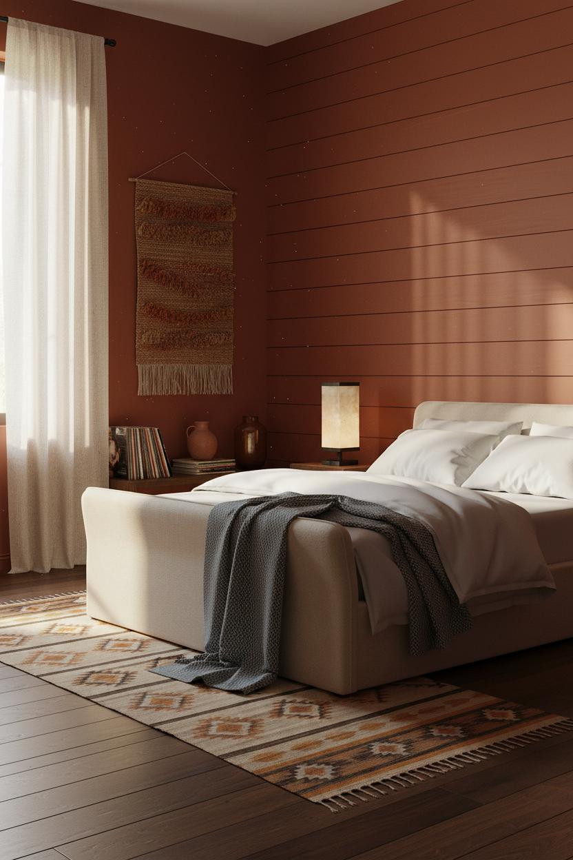 70s Bedroom Maximalist Shiplap Terracotta