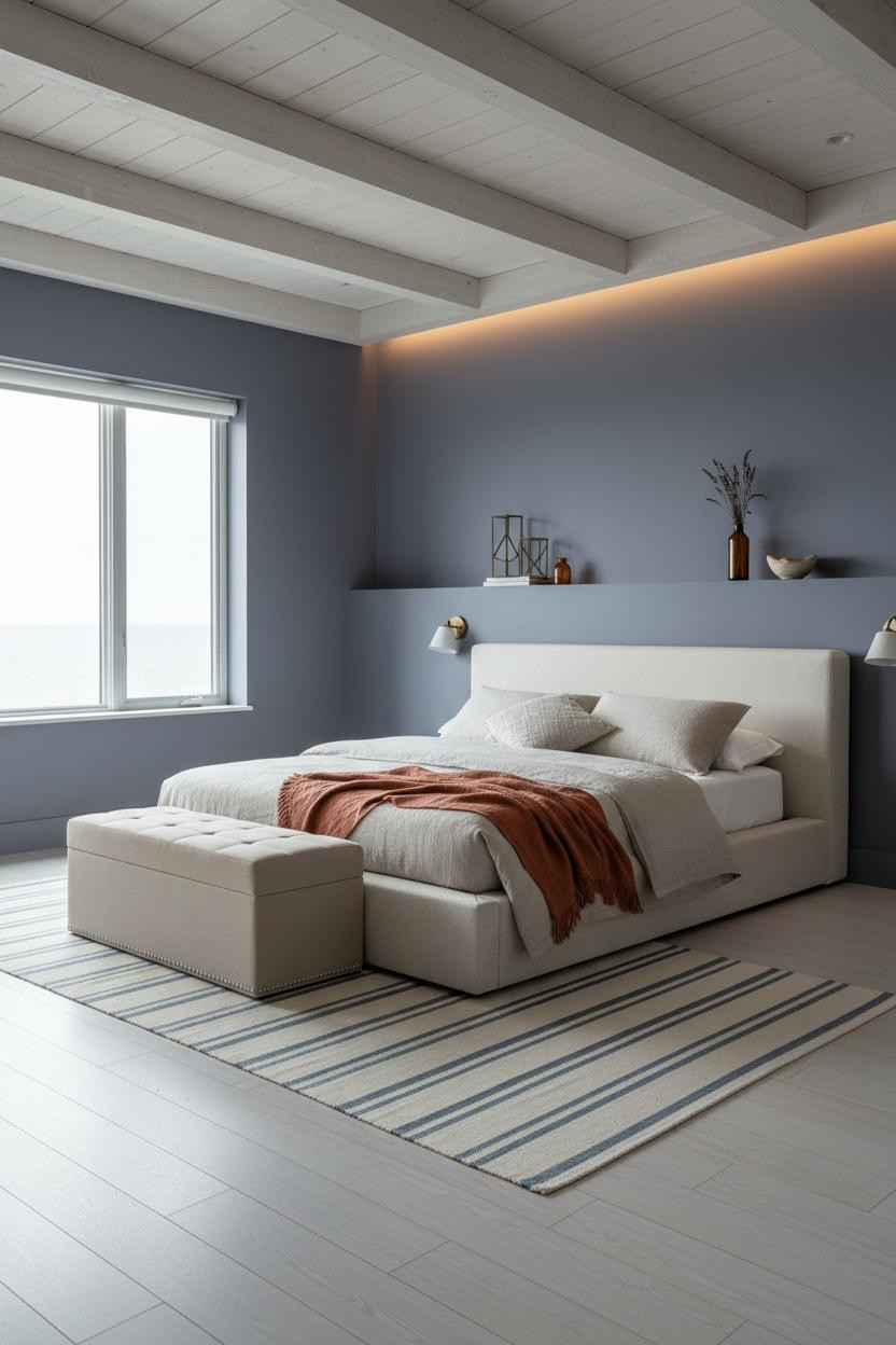 Coastal Blue Bedroom Whitewashed Beams Master
