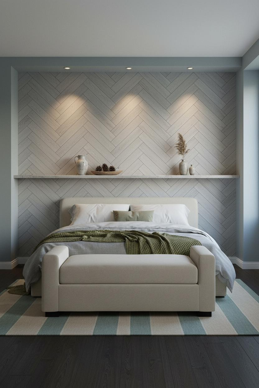 Coastal Blue Bedroom Herringbone Accent Wall