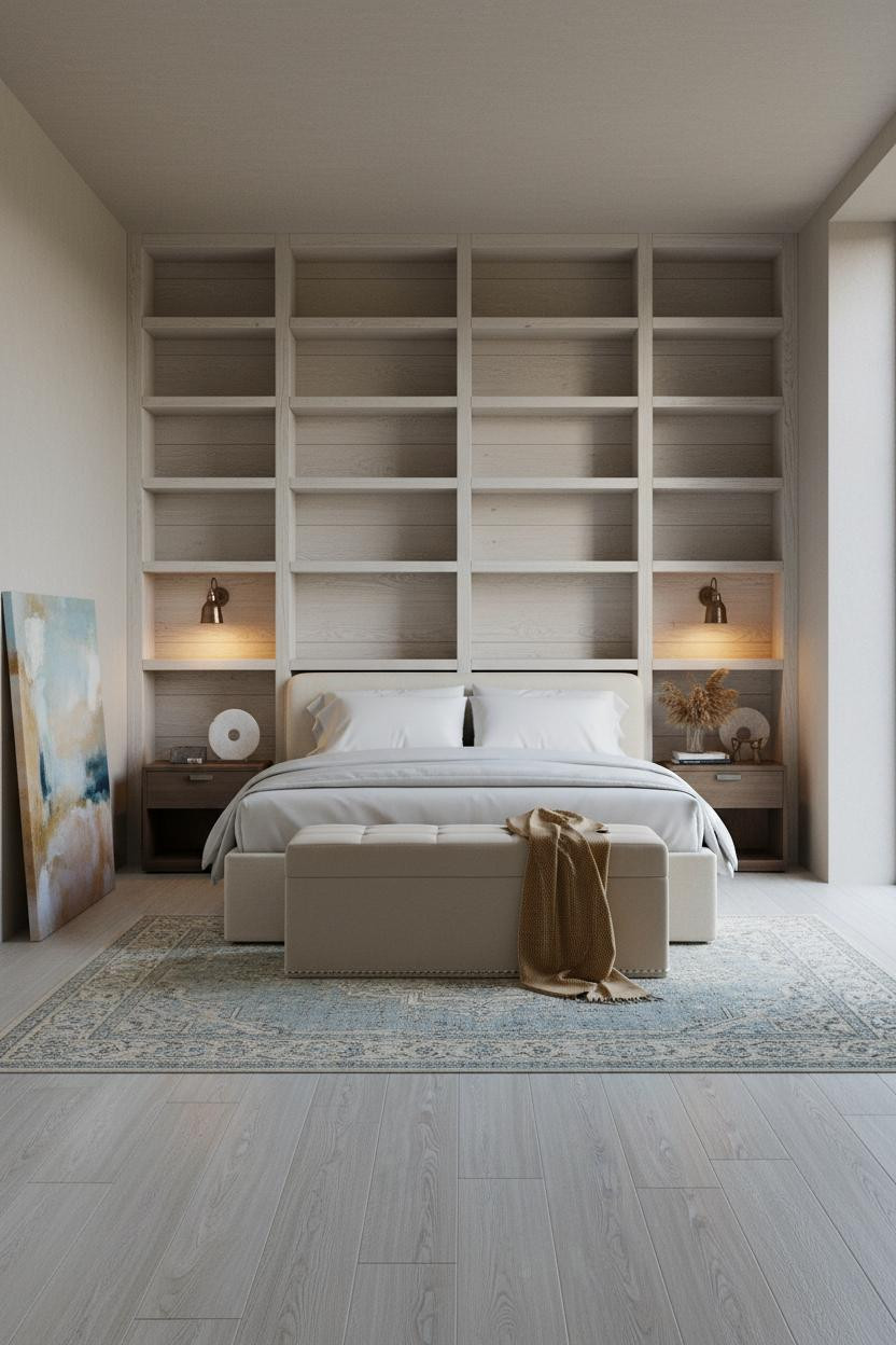 Coastal Blue Bedroom Whitewashed Shelves Master