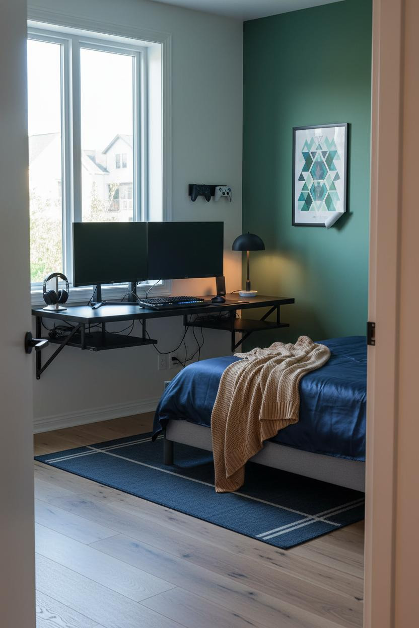 Small Gaming Bedroom Floating Desk Setup