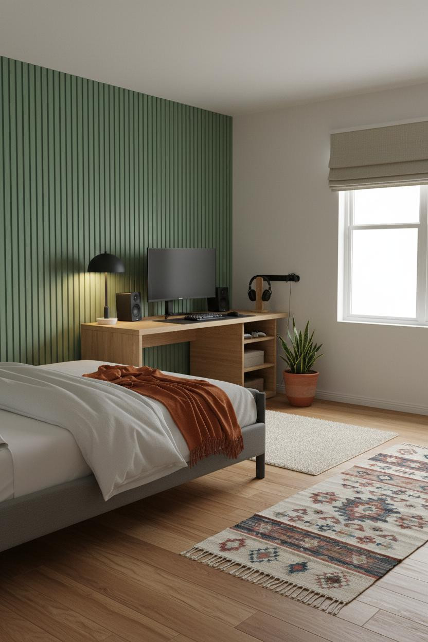 Small Gaming Bedroom Japandi Sage Accent Wall