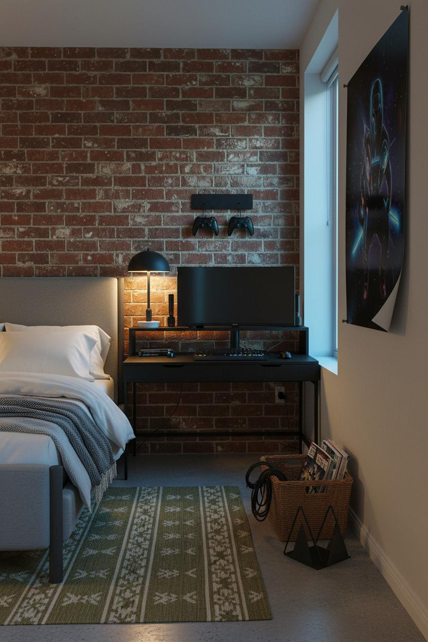 Small Gaming Bedroom Brick Accent Setup