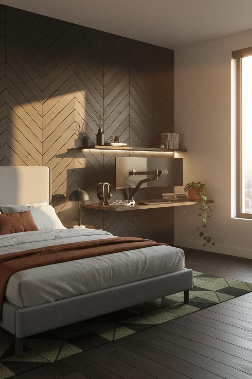 Small Gaming Bedroom Herringbone Accent Wall