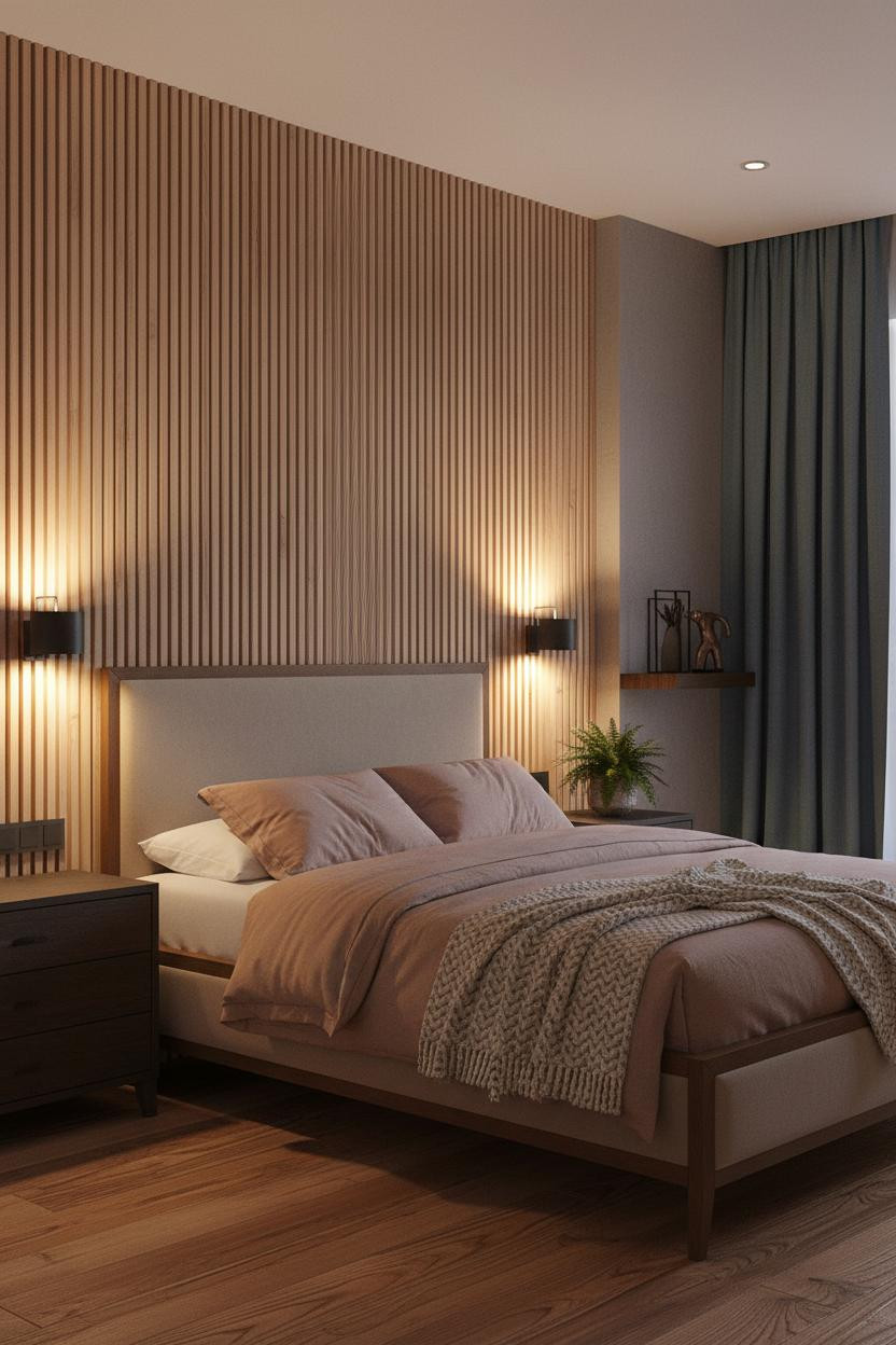 Primary Bedroom Wood Paneling Warm Lighting
